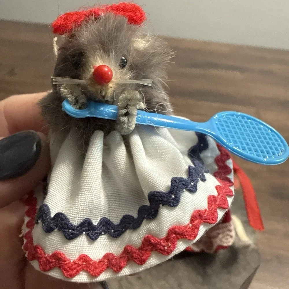 Vintage W Germany Original Fur Toy Mice Lot Tennis Racket & Southern Belle Mouse